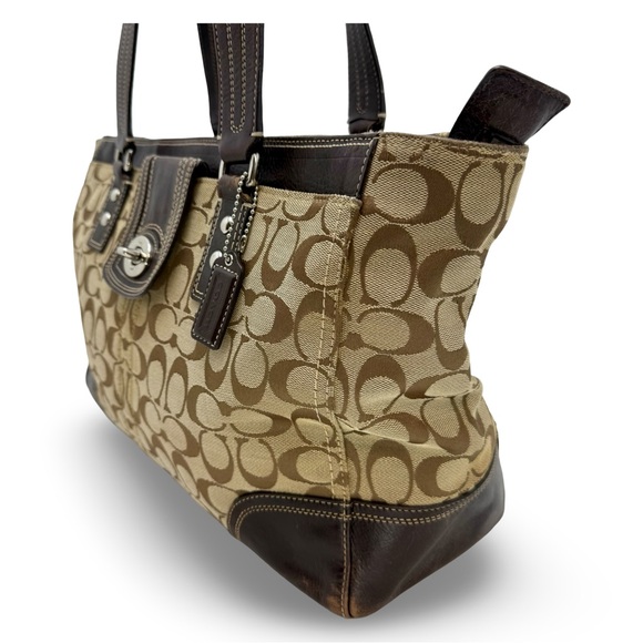 Coach Hamptons Signature Carryall Tote Brown Canvas Leather 